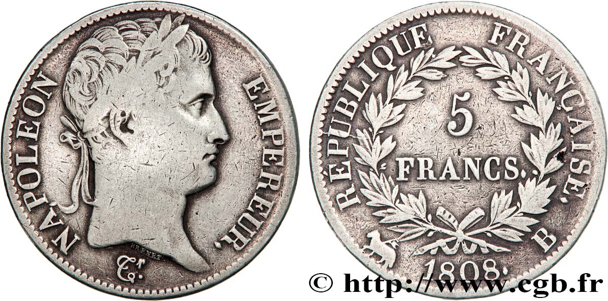 5 francs Napoléon empereur, République française 1808 Rouen F.306/3 BC 