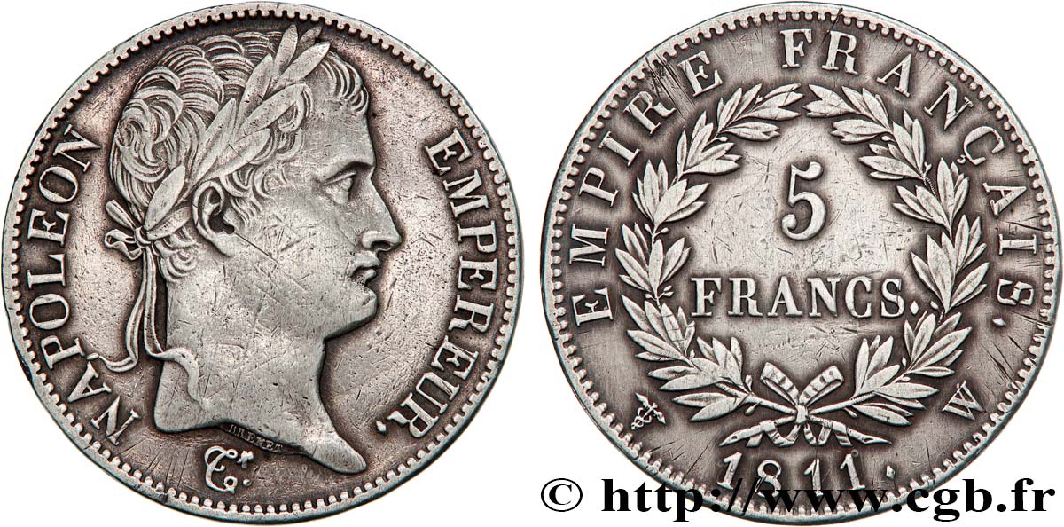 5 francs Napoléon Empereur, Empire français 1811 Lille F.307/40 MBC 