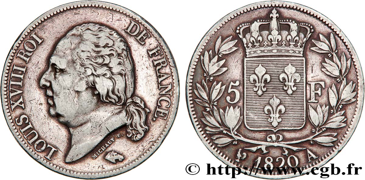 5 francs Louis XVIII, tête nue 1820 Paris F.309/49 XF 