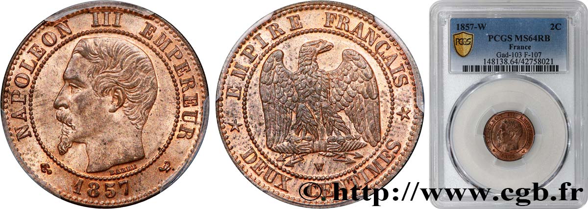 Deux centimes Napoléon III, tête nue 1857 Lille F.107/51 SPL64 PCGS