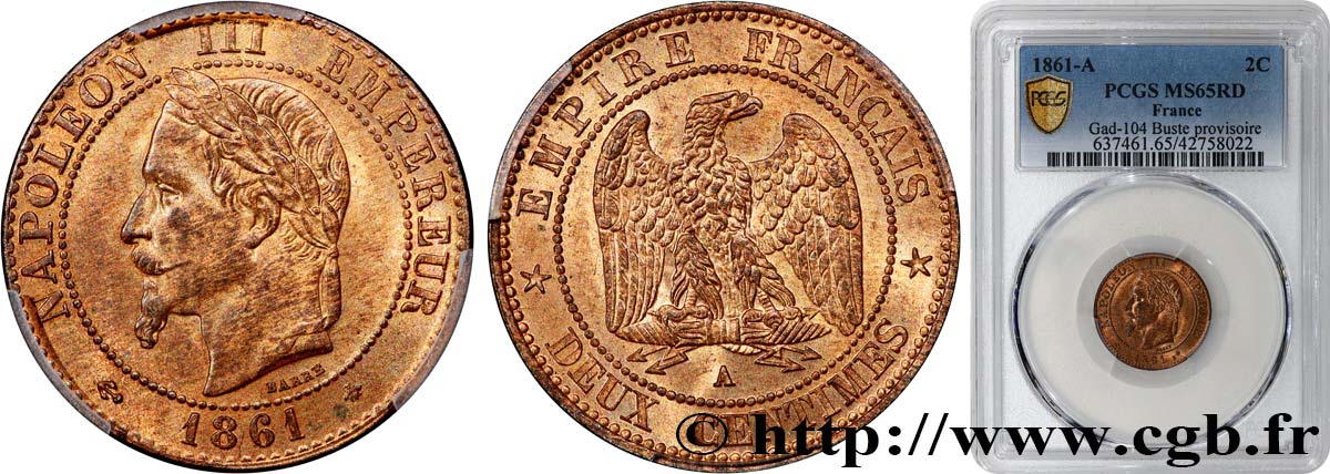 Deux centimes Napoléon III, tête laurée, buste provisoire 1861 Paris F.108/1 MS65 PCGS