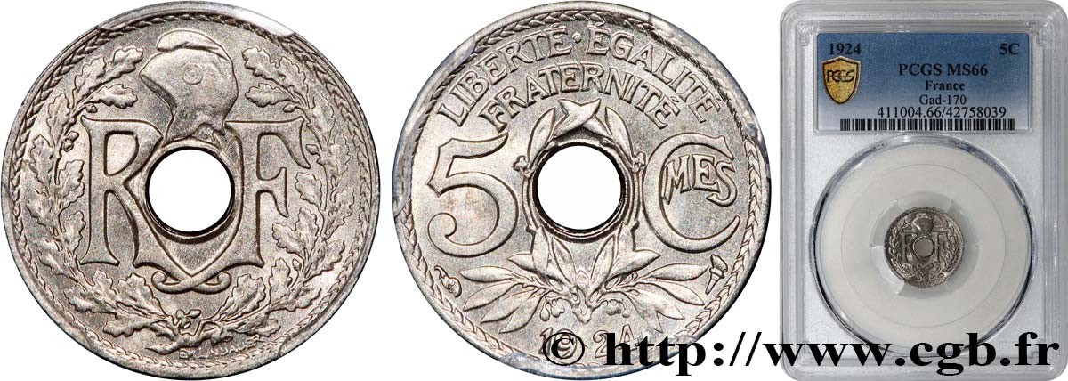 5 centimes Lindauer, petit module 1924 Paris F.122/8 ST66 PCGS