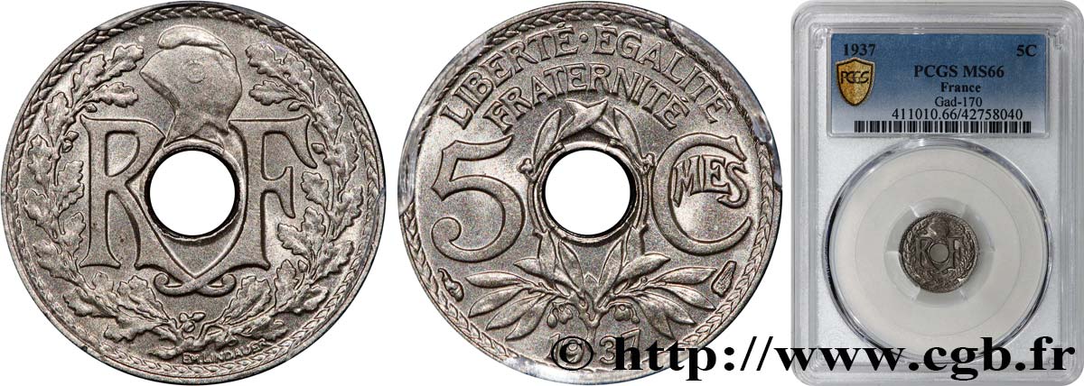 5 centimes Lindauer, petit module 1937 Paris F.122/20 FDC66 PCGS