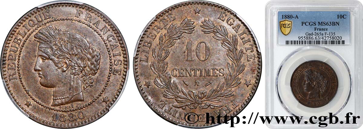 10 centimes Cérès 1880 Paris F.135/24 SC63 PCGS