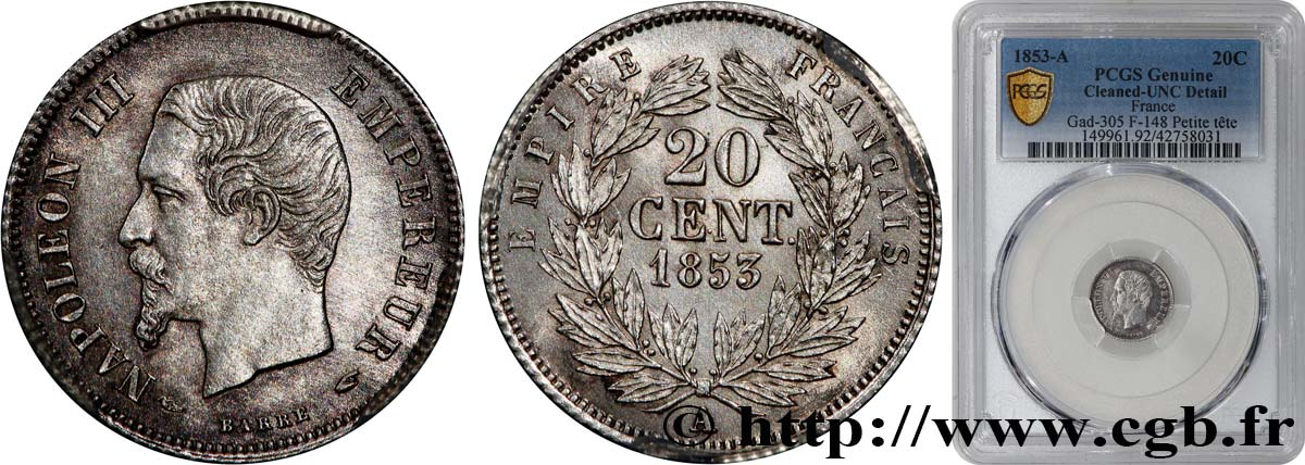 20 centimes Napoléon III, tête nue 1853 Paris F.148/1 MS PCGS