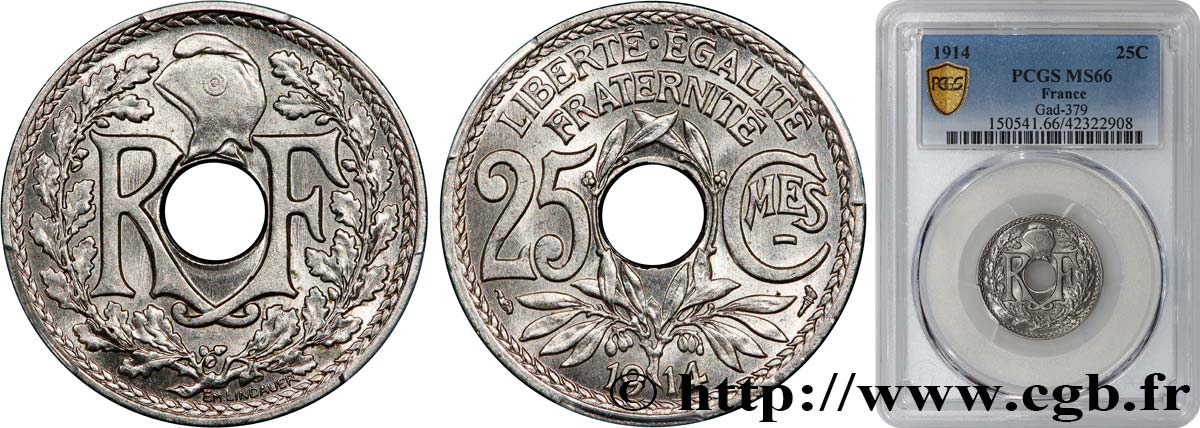 25 centimes Lindauer, Cmes souligné 1914  F.170/2 ST66 PCGS