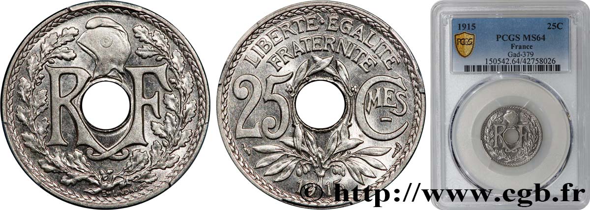 25 centimes Lindauer, Cmes souligné 1915  F.170/3 SPL64 PCGS