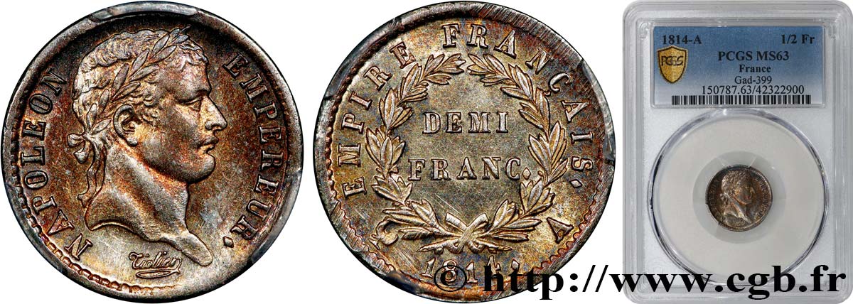 Demi-franc Napoléon Ier tête laurée, Empire français 1814 Paris F.178/63 MS63 PCGS