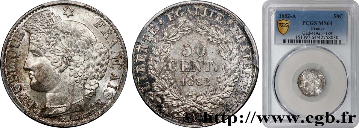 50 centimes Cérès, IIIe République 1882 Paris F.189/10 SPL64 PCGS