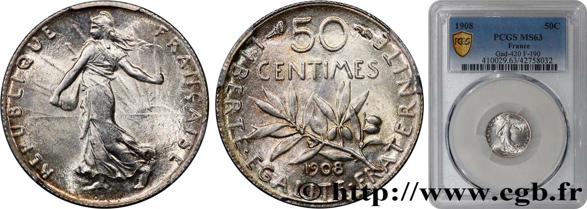 50 centimes Semeuse 1908 Paris F.190/15 MS63 PCGS