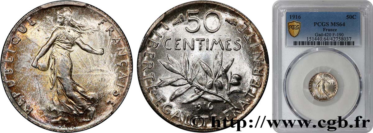 50 centimes Semeuse 1916  F.190/23 SPL64 PCGS