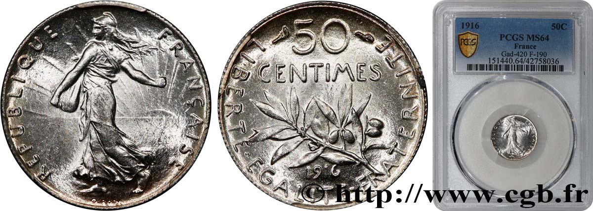 50 centimes Semeuse 1916  F.190/23 SPL64 PCGS