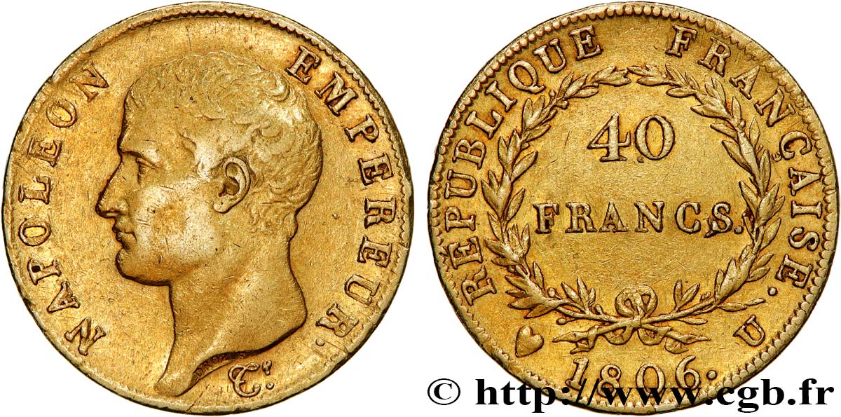 40 francs or Napoléon tête nue, Calendrier grégorien 1806 Turin F.538/4 AU 
