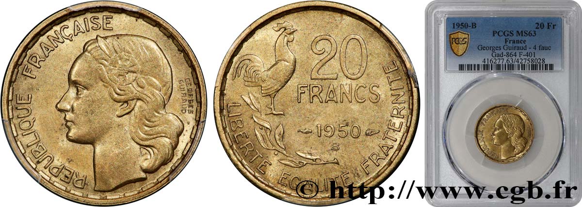 20 francs Georges Guiraud, 4 faucilles 1950 Beaumont-Le-Roger F.401/3 MS63 PCGS