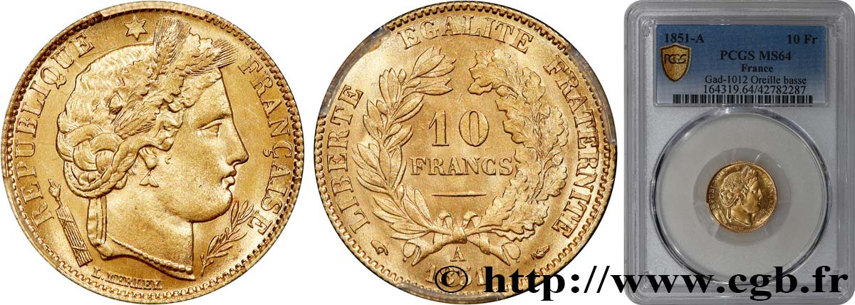 10 francs or Cérès, IIe République 1851 Paris F.504/3 fST64 PCGS