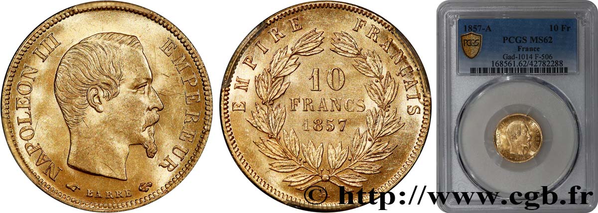 10 francs or Napoléon III, tête nue 1857 Paris F.506/4 MS62 PCGS