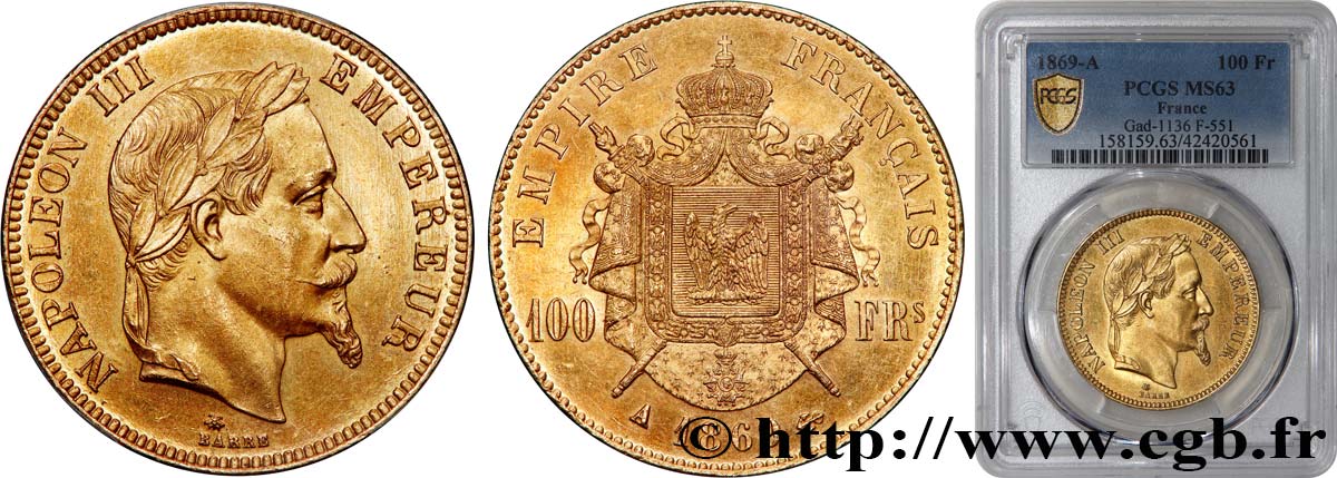 100 francs or Napoléon III, tête laurée 1869 Paris F.551/12 MS63 PCGS