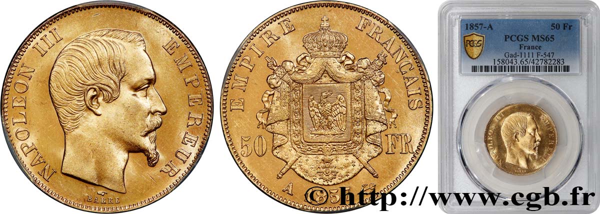 50 francs or Napoléon III, tête nue 1857 Paris F.547/4 MS65 PCGS