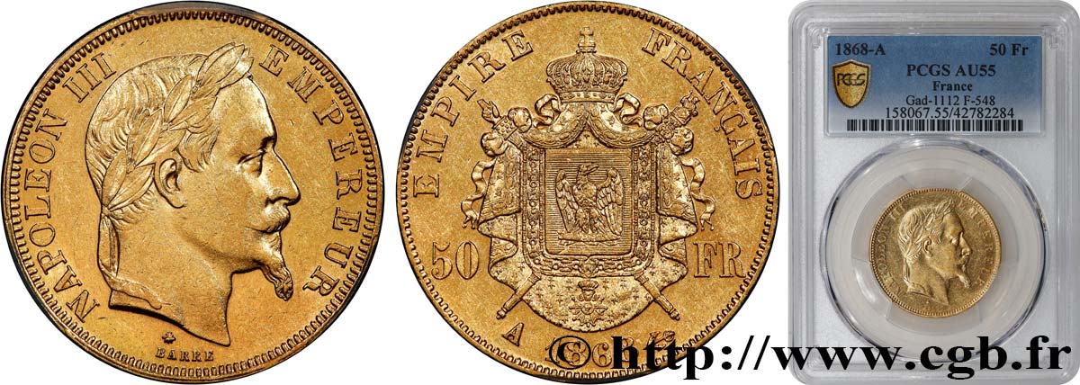 50 francs or Napoléon III, tête laurée 1868 Paris F.548/10 AU55 PCGS