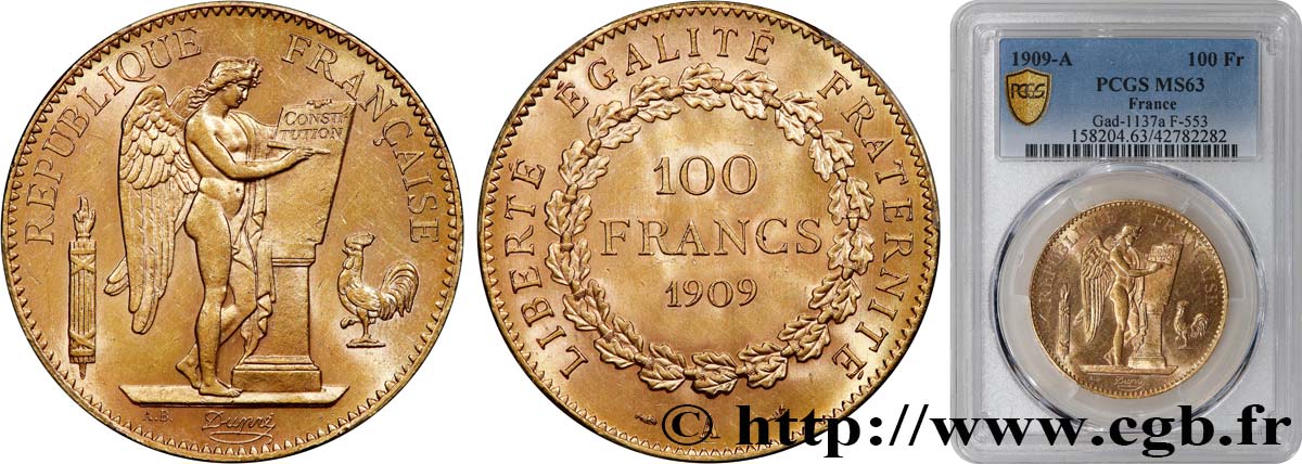 100 francs or Génie, tranche inscrite en relief Liberté Égalité Fraternité 1909 Paris F.553/3 MS63 PCGS