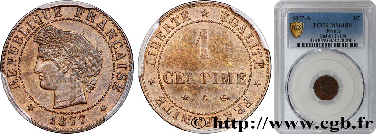 1 centime Cérès 1877 Paris F.104/6 SPL64 PCGS