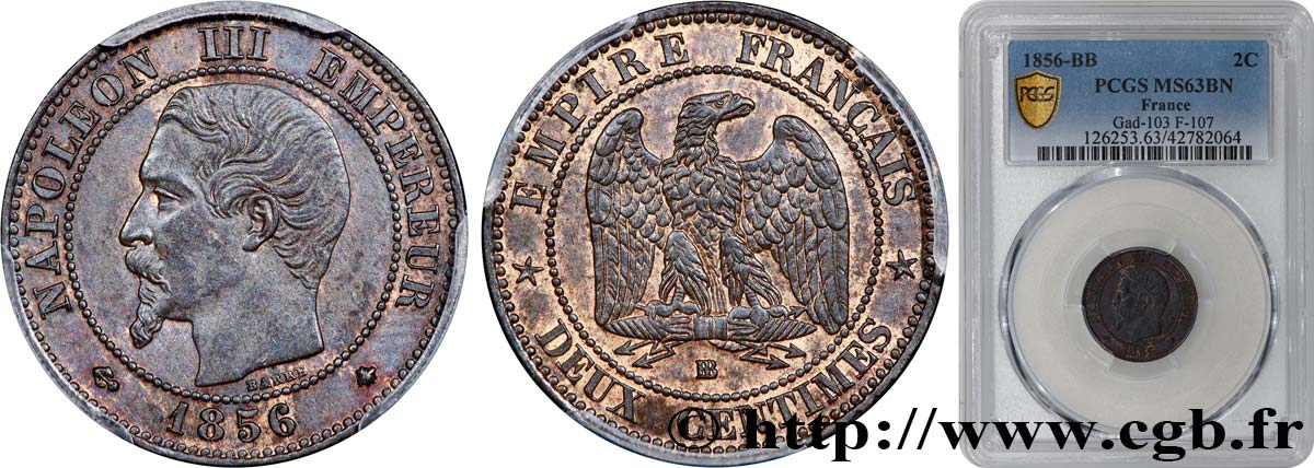 Deux centimes Napoléon III, tête nue 1856 Strasbourg F.107/40 SPL63 PCGS