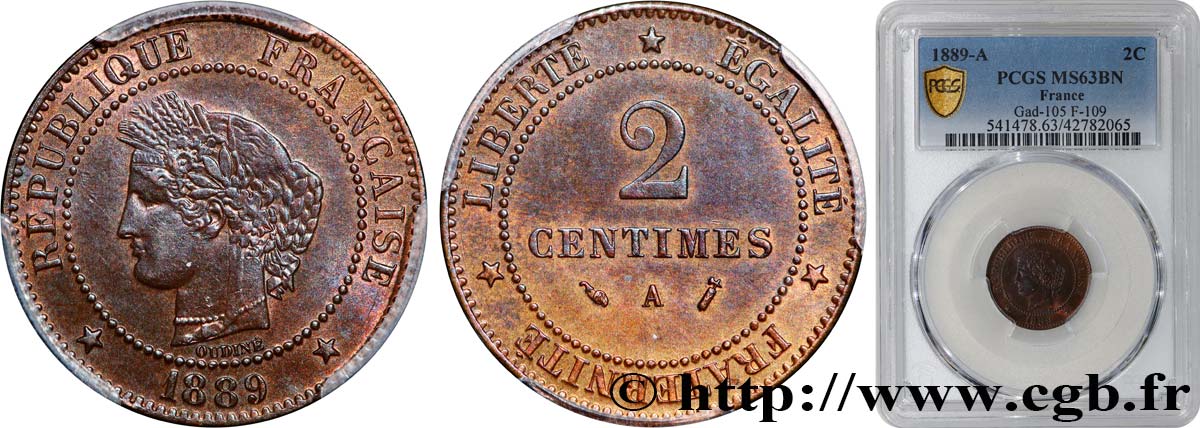 2 centimes Cérès 1889 Paris F.109/15 SPL63 PCGS