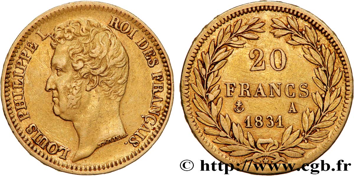 20 francs or Louis-Philippe, Tiolier, tranche inscrite en relief 1831 Paris F.525/2 VF35 