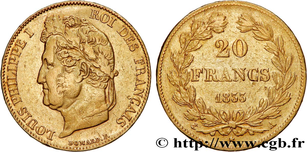 20 francs or Louis-Philippe, Domard 1833 Paris F.527/4 XF 