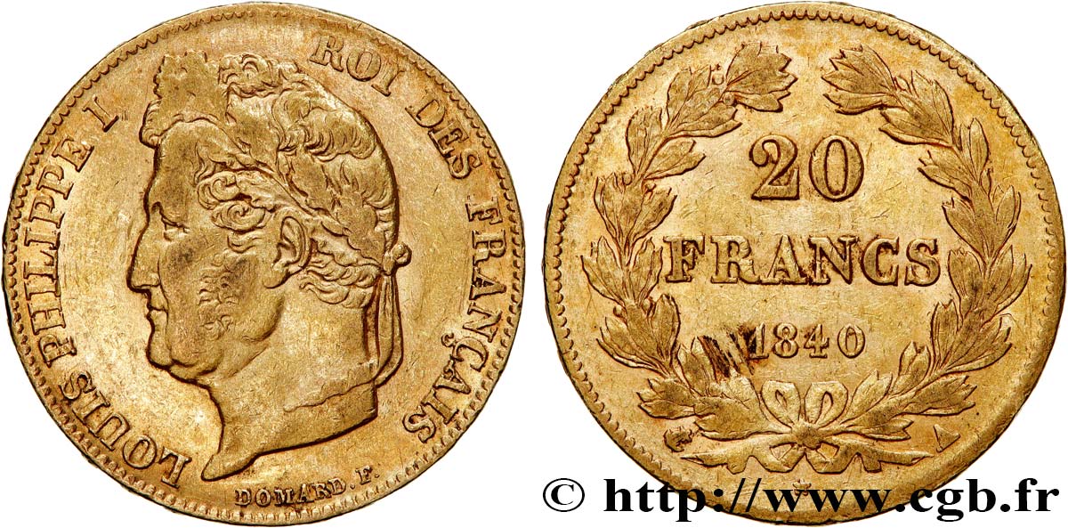 20 francs or Louis-Philippe, Domard 1840 Paris F.527/22 MBC 