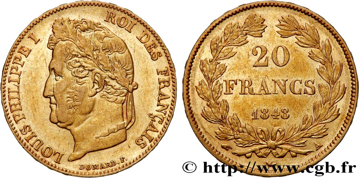 20 francs or Louis-Philippe, Domard 1848 Paris F.527/38 AU50 