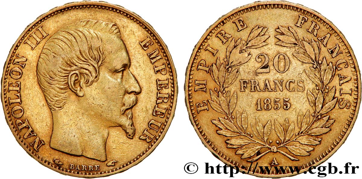 20 francs or Napoléon III, tête nue 1855 Paris F.531/3 XF 