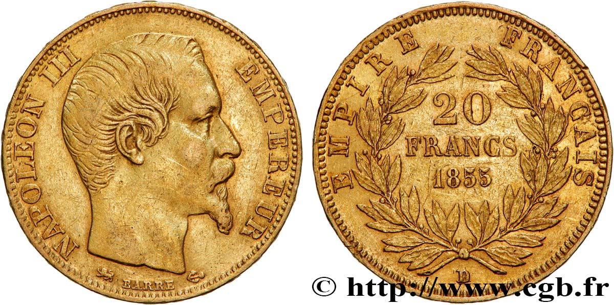 20 francs or Napoléon III, tête nue 1855 Lyon F.531/7 TTB 