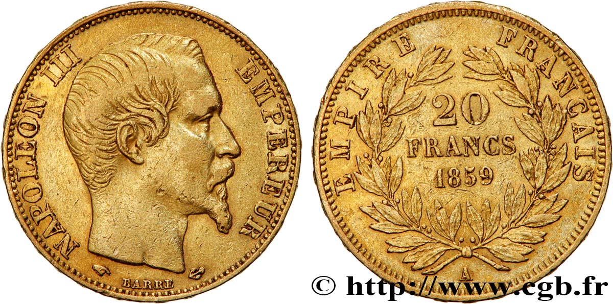 20 francs or Napoléon III, tête nue 1859 Paris F.531/15 XF40 
