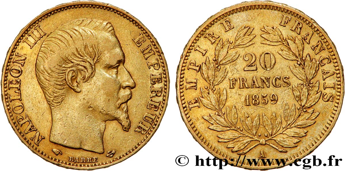 20 francs or Napoléon III, tête nue 1859 Paris F.531/15 SS40 