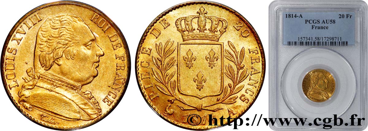 20 francs or Louis XVIII, buste habillé 1814 Paris F.517/2 VZ58 PCGS