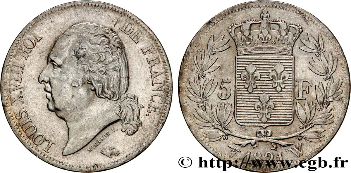 5 francs Louis XVIII, tête nue 1821 Lille F.309/67 MBC 