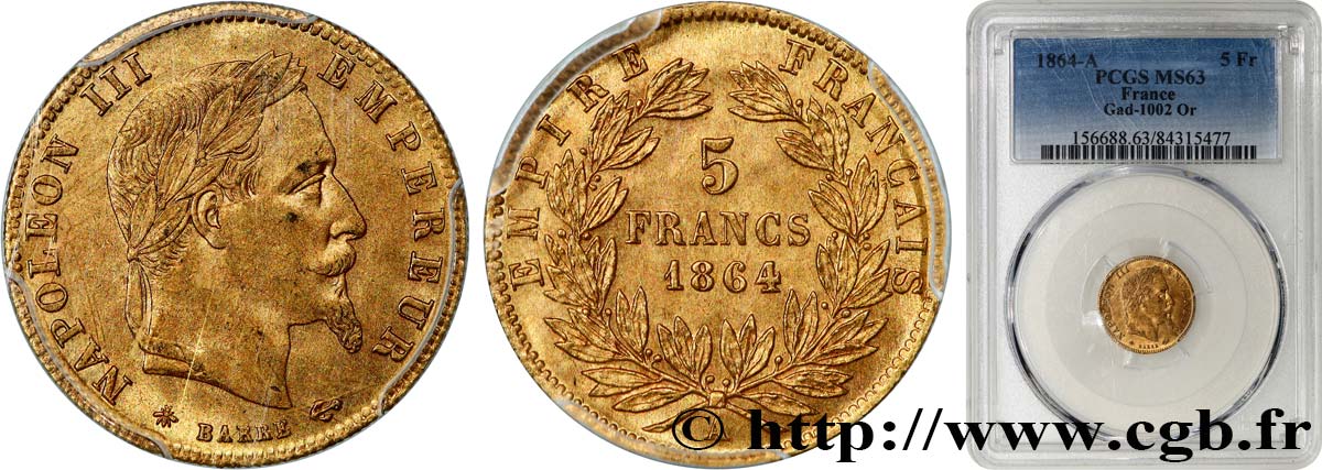 5 francs or Napoléon III, tête laurée 1864 Paris F.502/5 SPL63 PCGS