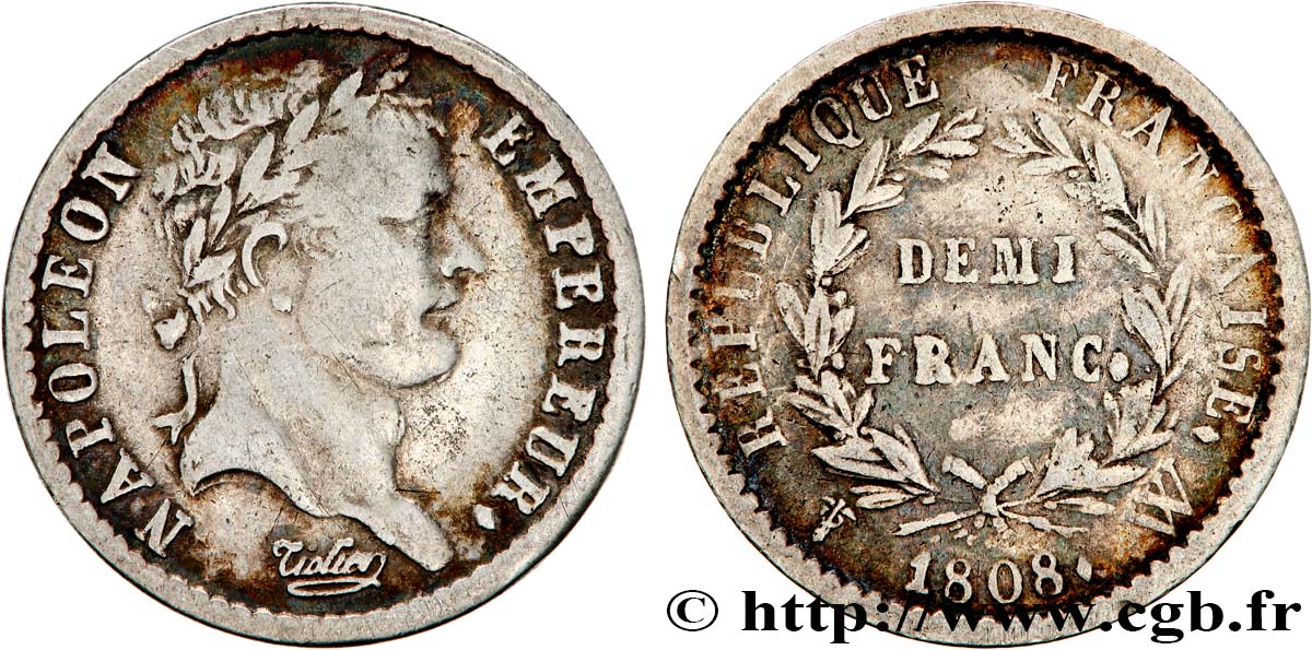 Demi-franc Napoléon Ier tête laurée, République française 1808 Lille F.177/16 TB35 