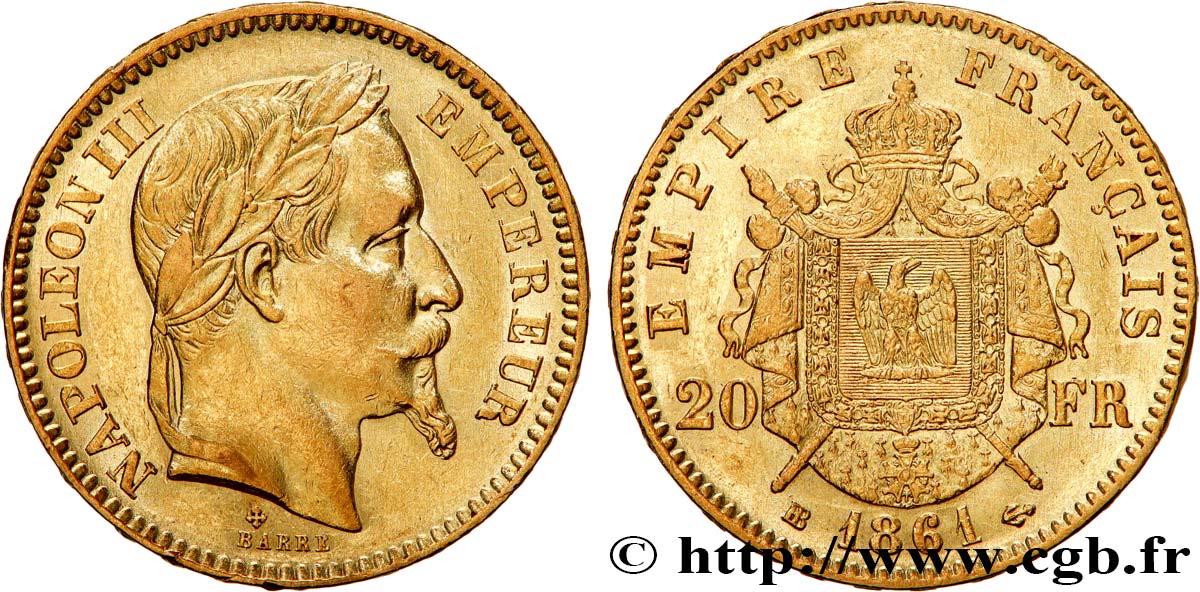 20 francs or Napoléon III, tête lauré 1861 Strasbourg F.532/2 fVZ 