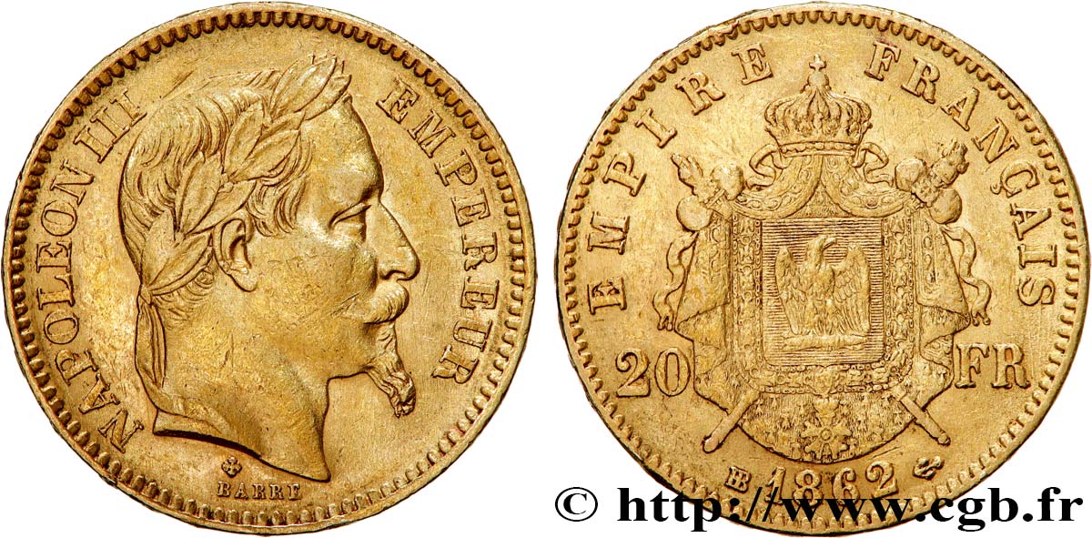 20 francs or Napoléon III, tête laurée 1862 Strasbourg F.532/5 MBC45 