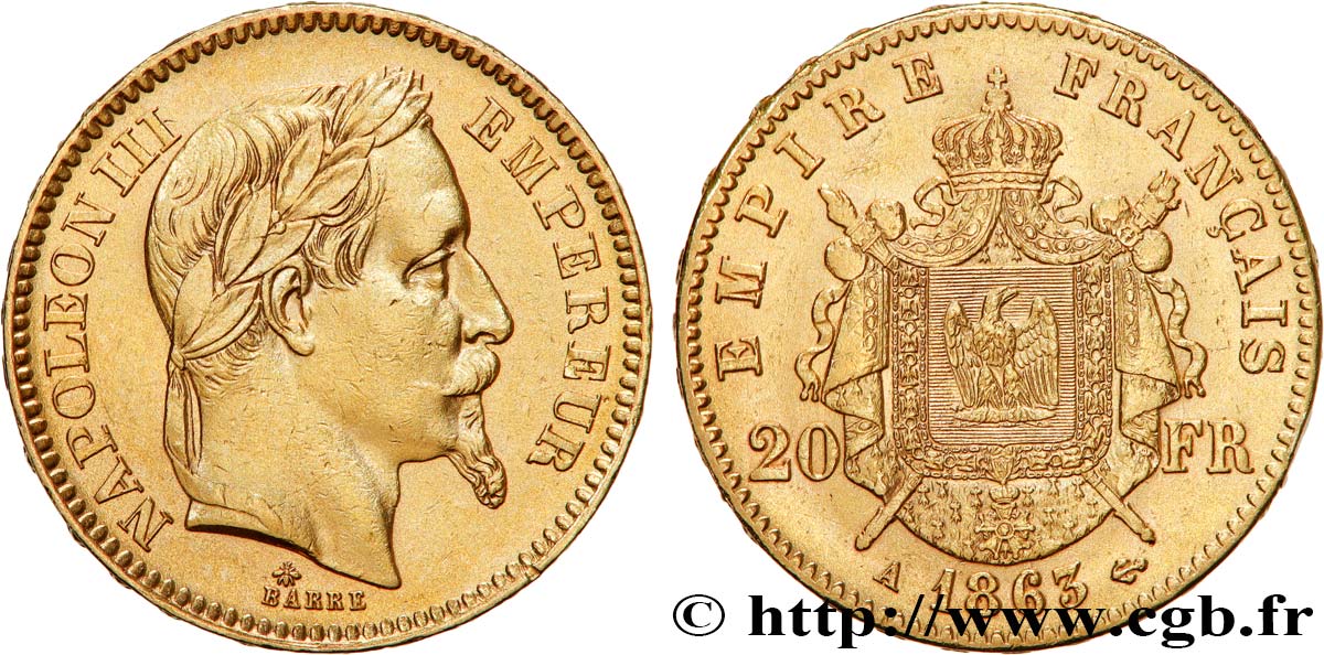 20 francs or Napoléon III, tête laurée 1863 Paris F.532/6 XF45 