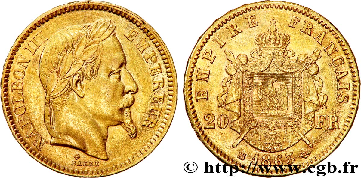 20 francs or Napoléon III, tête laurée 1863 Strasbourg F.532/7 AU50 