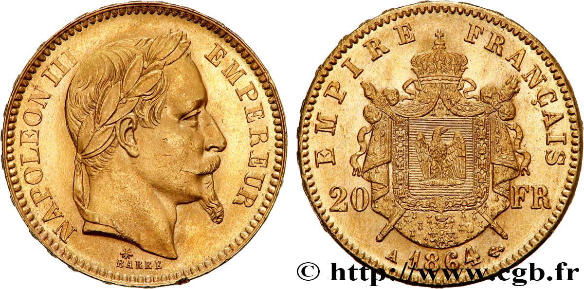 20 francs or Napoléon III, tête laurée 1864 Paris F.532/8 SPL61 