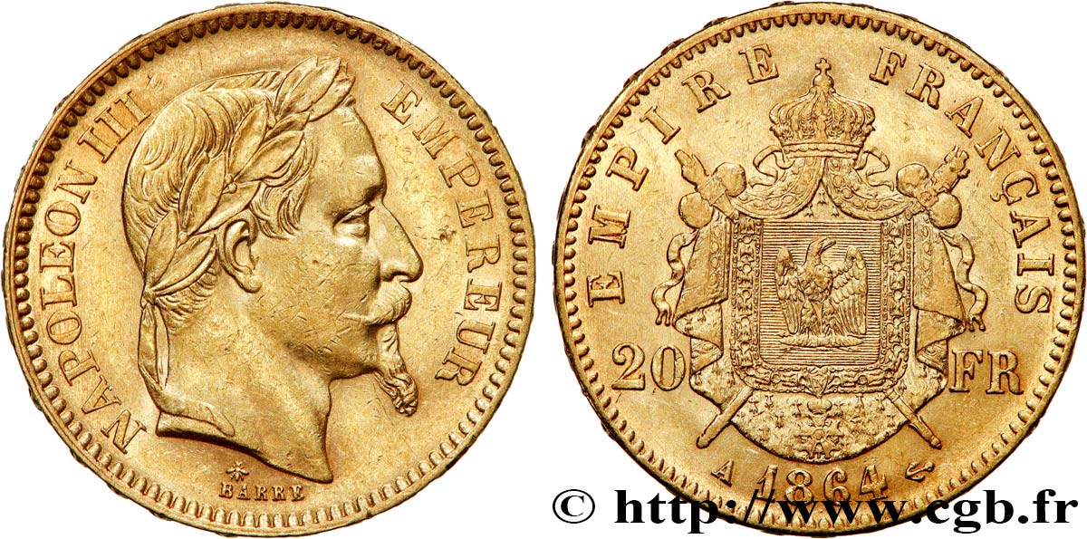 20 francs or Napoléon III, tête laurée 1864 Paris F.532/8 XF 