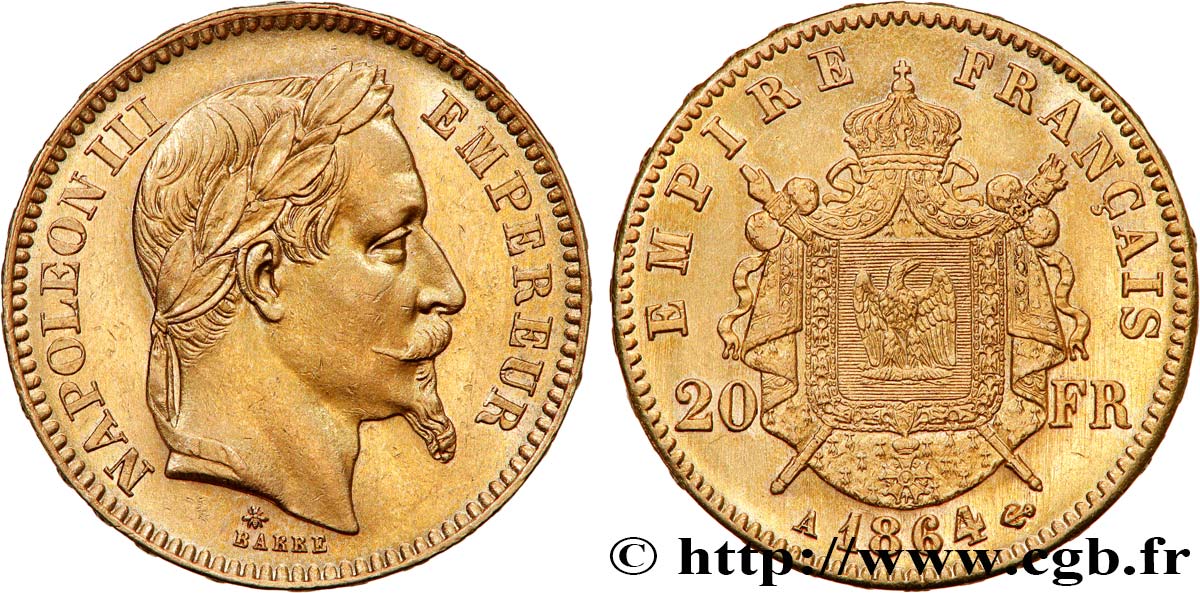 20 francs or Napoléon III, tête laurée 1864 Paris F.532/8 EBC58 