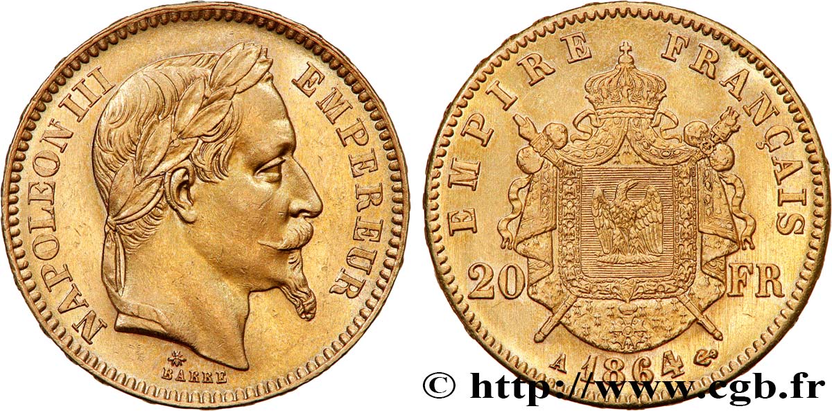 20 francs or Napoléon III, tête laurée 1864 Paris F.532/8 SUP58 