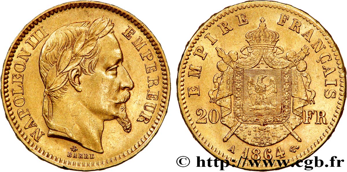 20 francs or Napoléon III, tête laurée 1864 Paris F.532/8 AU50 