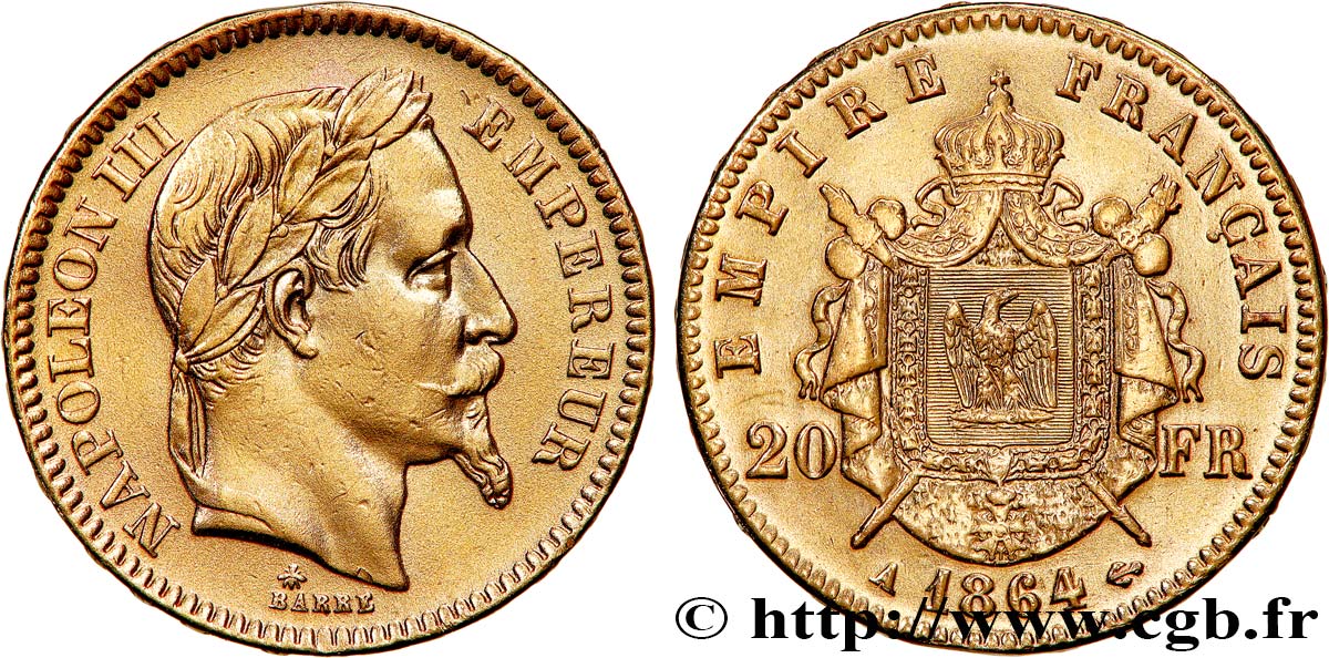 20 francs or Napoléon III, tête laurée 1864 Paris F.532/8 VF 