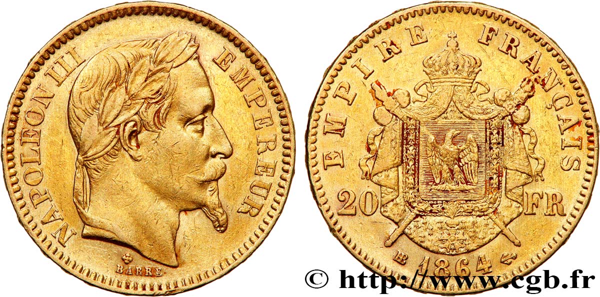 20 francs or Napoléon III, tête laurée 1864 Strasbourg F.532/9 TTB40 